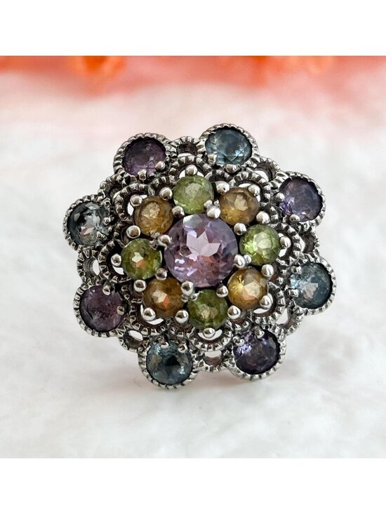 Jewelry - Cluster Rainbow Gemstone Blooming Flower Sterling Silver 925 Vintage Ring - sz 6